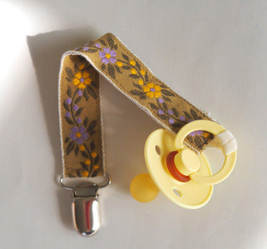 Handmade Pacifier Clip, Yellow & Purple Flowers